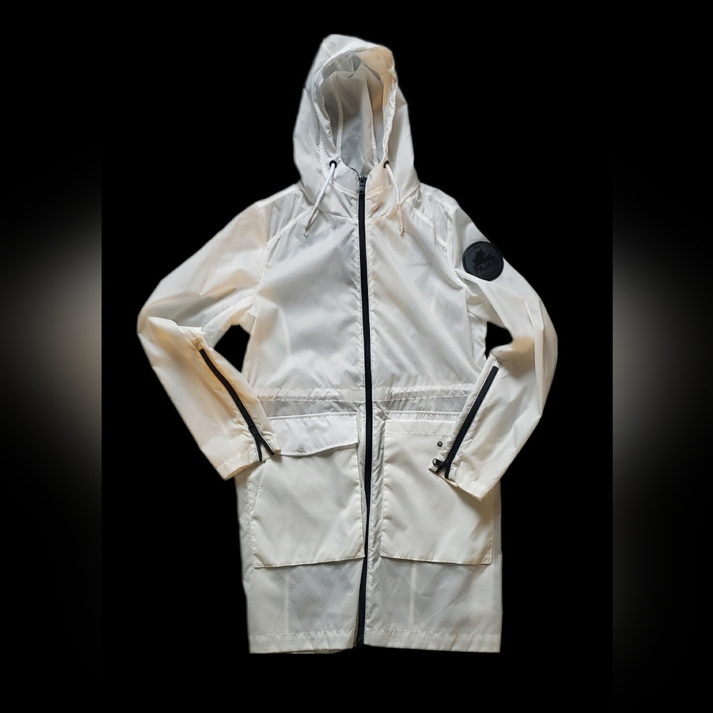 Pajar White Translucent Hooded Rain Coat w/ Black Accents - Zipper, Rubber Logo